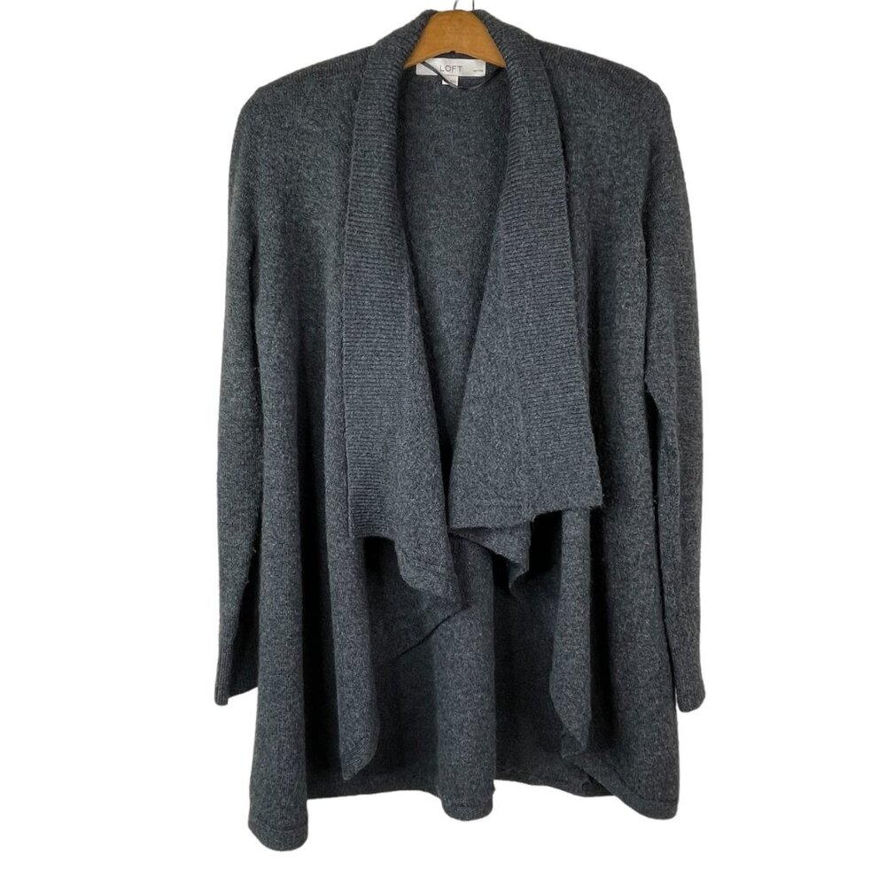 LOFT Open Front Cardigan Sweater Gray Wool Blend  Size Small Petite Waterfall